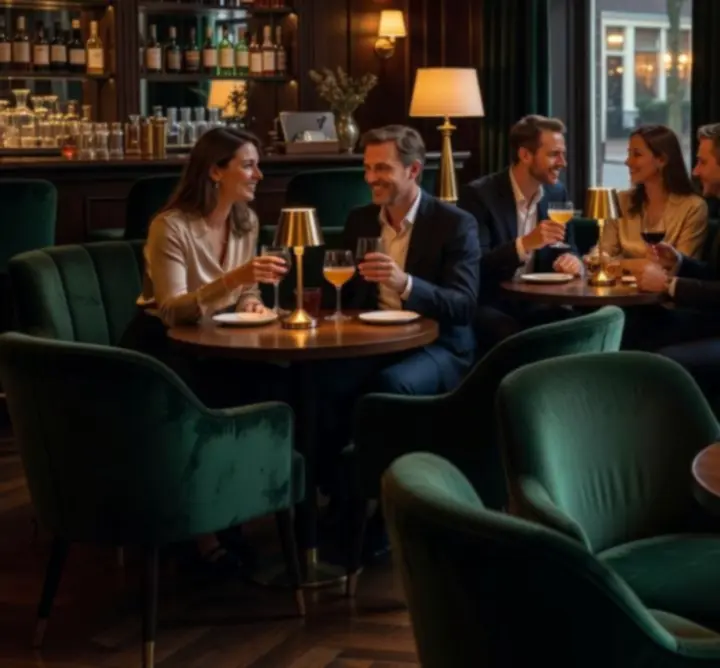 Warm verlichte zithoek met donker hout en groene accenten bij Lumiar Room