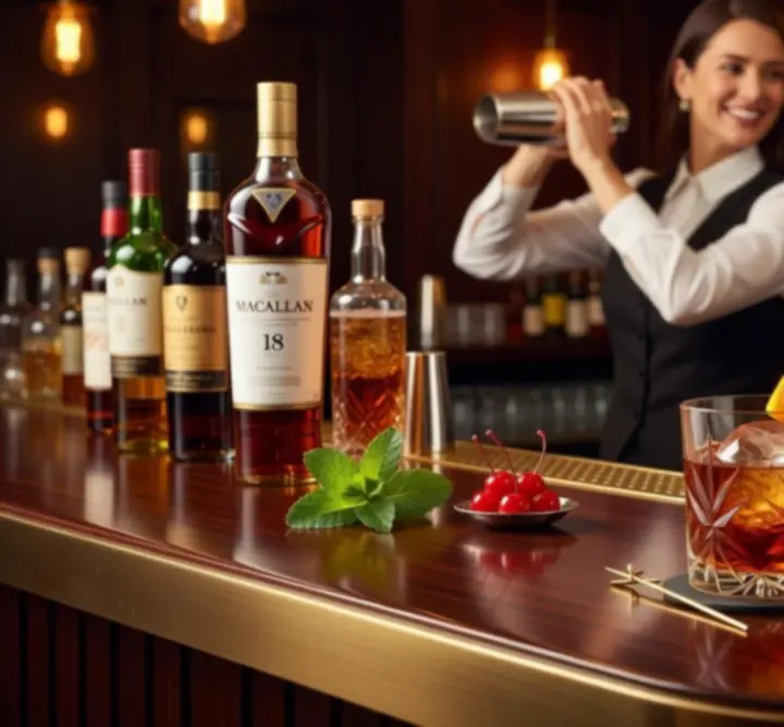 Uitgelichte cocktailervaring aan de bar van Lumiar Room met stijlvolle glazen en warme verlichting.
