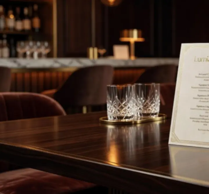 Overzicht van de drankenkaart bij Lumiar Room met cocktails, wijn en bier op een donkere houten bar.