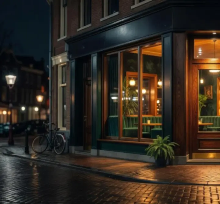 Entree van Lumiar Room in de avond met warme verlichting.