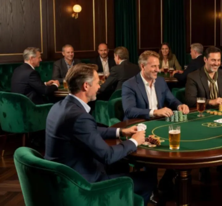 Gasten rond een luxe pokertafel in het warme interieur van Lumiar Room