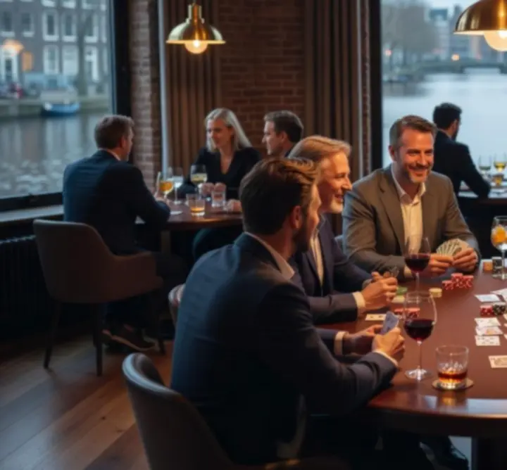 Sociale pokeravond bij Lumiar Room met gasten rond een stijlvol pokertafel.