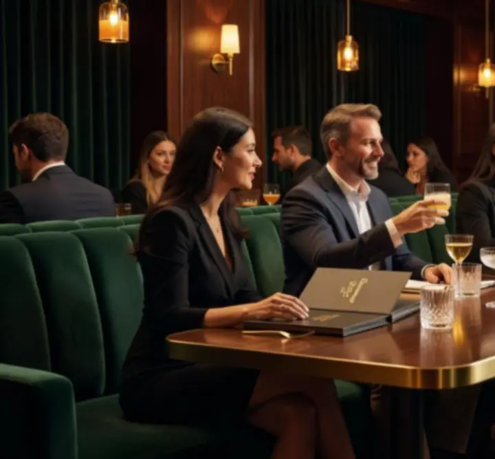 Sfeervolle bar met warme amberverlichting en zitplaatsen bij Lumiar Room.