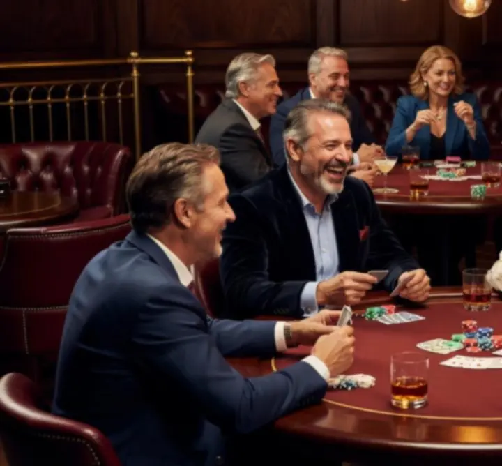 Gezellige pokeravonden bij Lumiar Room met gasten rond sfeervol verlichte tafels.