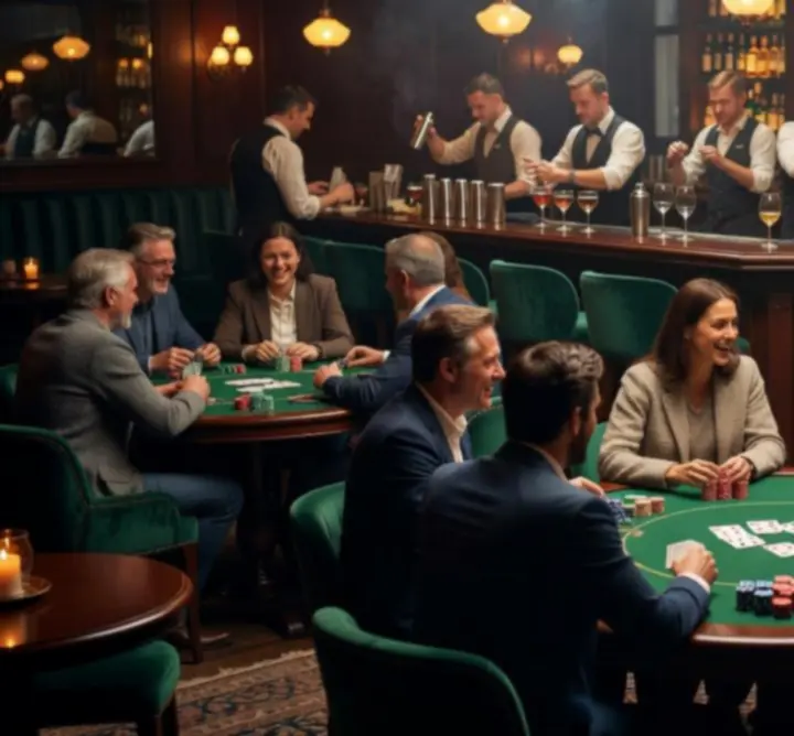 Overzicht van een gezellige pokeravond met gasten, drankjes en warme verlichting bij Lumiar Room