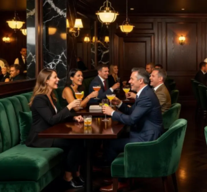 Sfeervol barinterieur van Lumiar Room met warme amberverlichting, donkere houten bar en groene accenten.