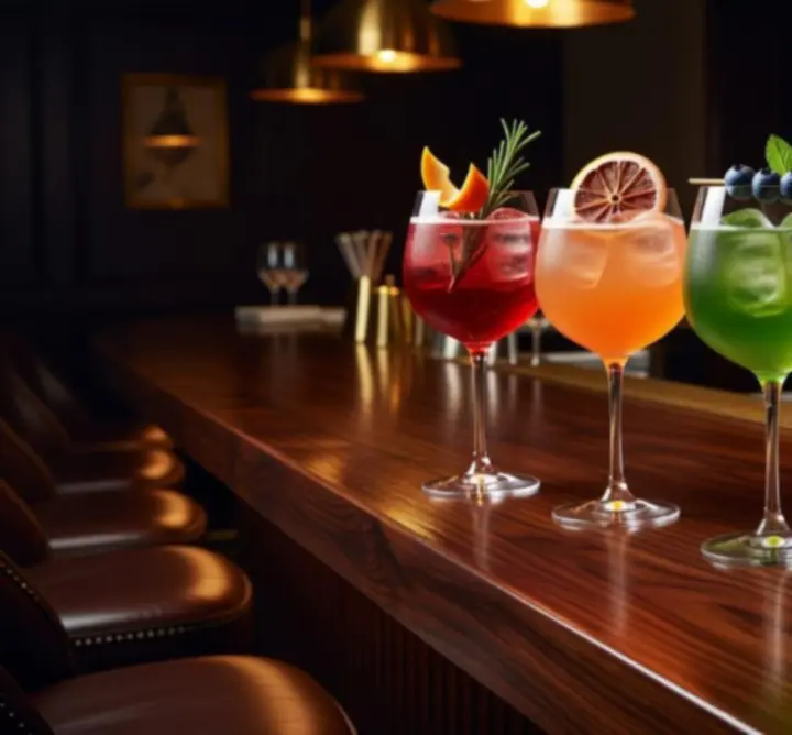 Glazen met kleurrijke signatuur cocktails op de bar van Lumiar Room.
