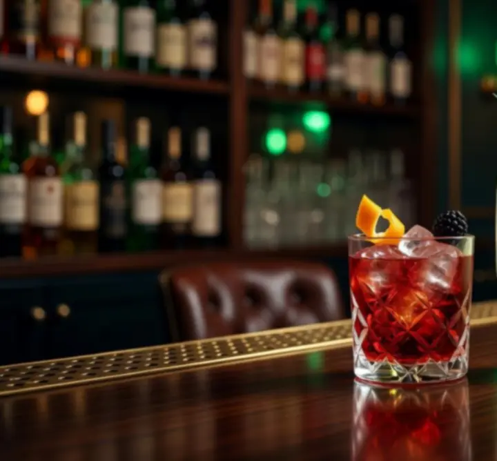 Signatuurcocktails gepresenteerd op een stijlvolle bar bij warm amberlicht.