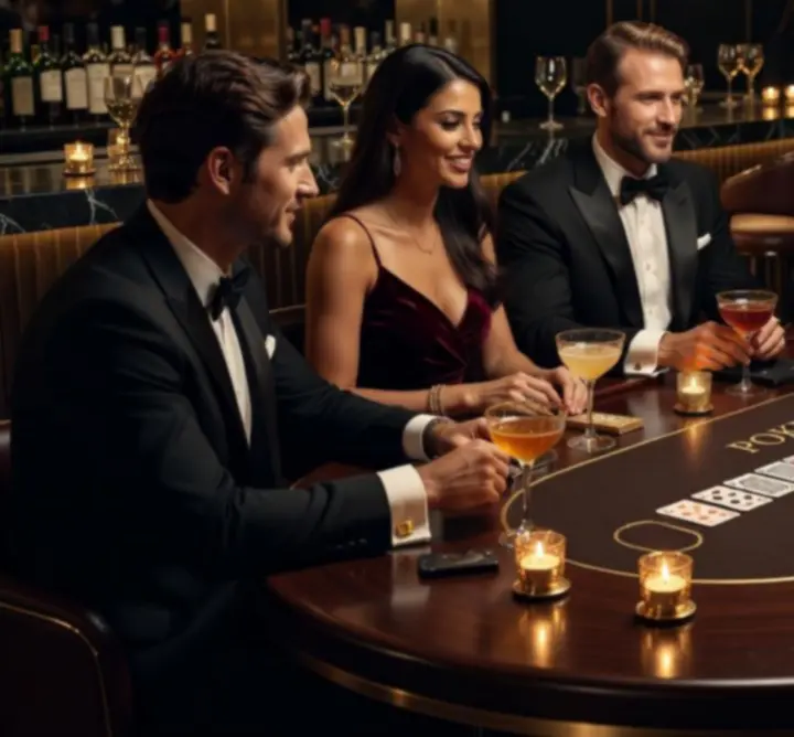 Warme barsetting met gasten, cocktails en pokertafel tijdens een thema-avond