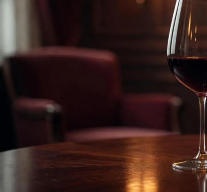 Intieme setting met een elegant glas wijn op een donkere houten tafel in warme verlichting.